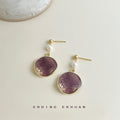 Gold Purple Gradient Enamel Disc Drop Earrings Pearl Pair view 3