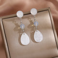 White Round Blue Bead Shell Look Teardrop Stud Earrings view 1