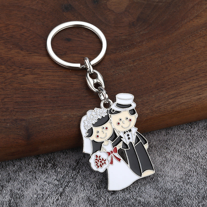Bride and Groom Enamel Keychain, Cute Couple Metal Bag Charm