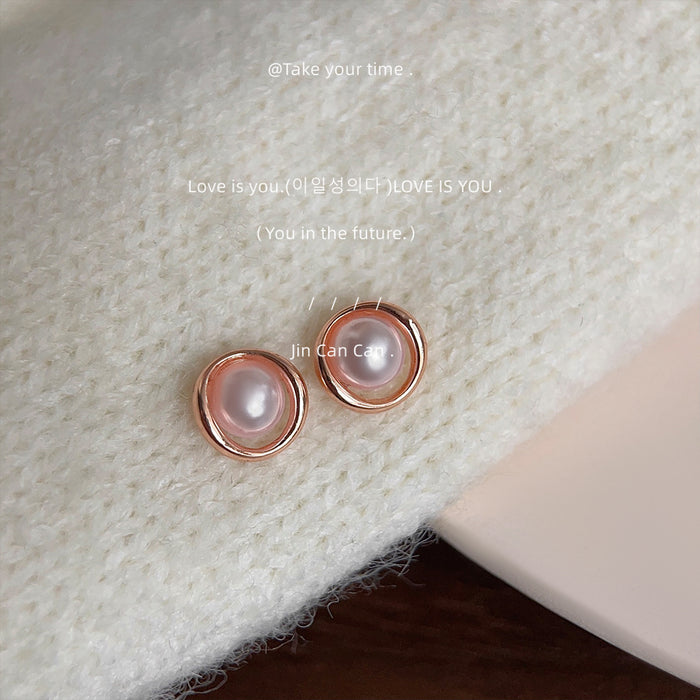 Rose Gold Open Circle White Pearl Mini Stud Earrings