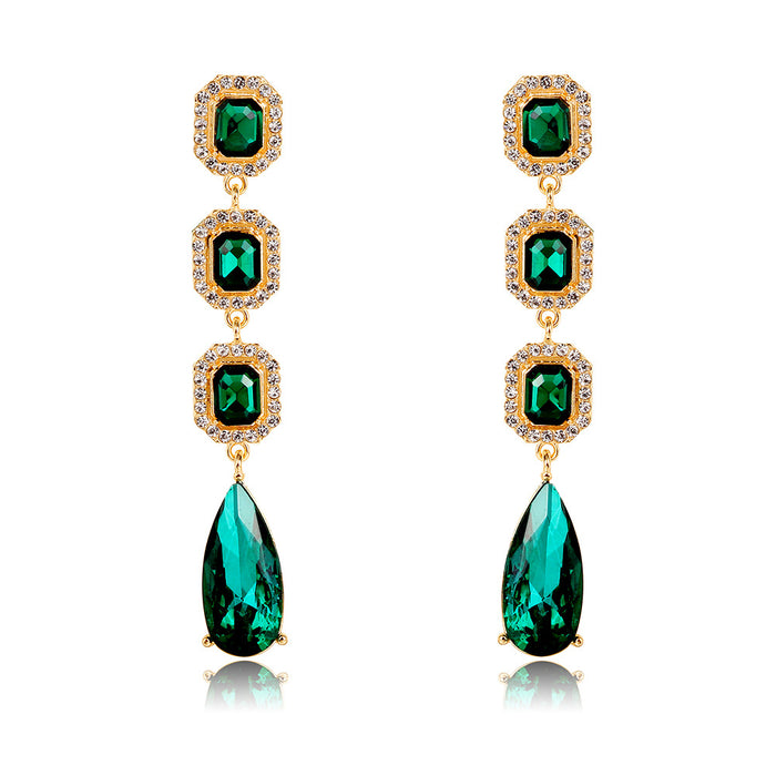 Green Gold Tone Green Emerald Column Openwork Crystal Four Designs Metal Dangle Earrings