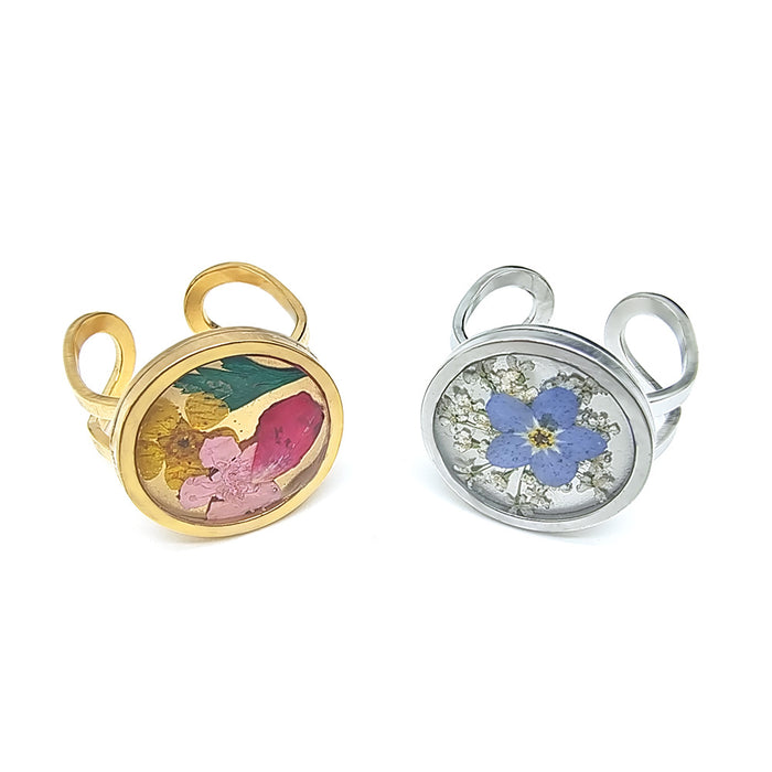 Gold and Silver Tone Pressed Flower Resin Adjustable Rings