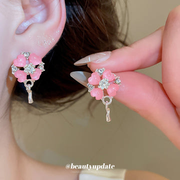 Pink Flower Clip-On Earrings With Silver Tone Dangles