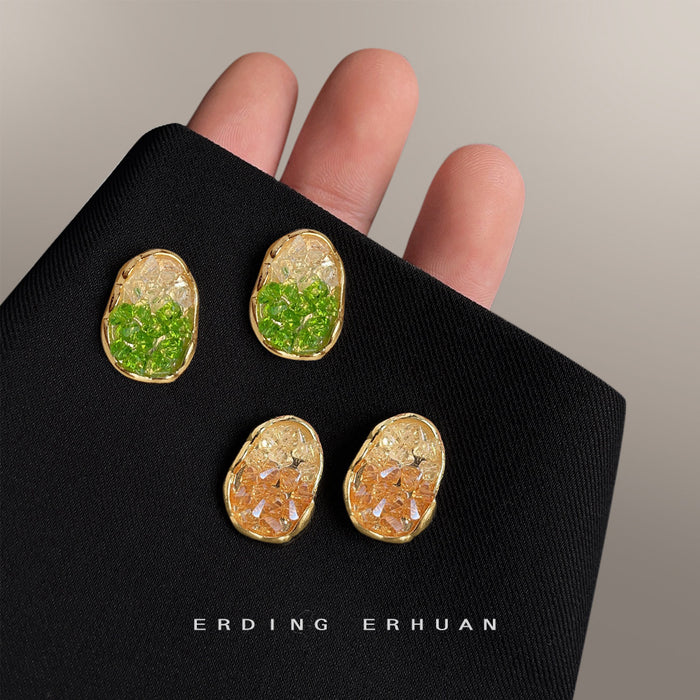 Gold Tone Crackle Oval Stud Earrings In Green And Champagne