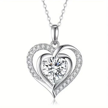Silver Tone Double Heart Clear Stone Pendant Necklace