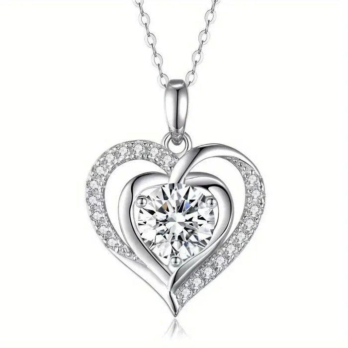Silver Tone Double Heart Clear Stone Pendant Necklace