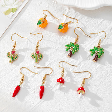 Enamel Plant Dangle Earrings Gold Hooks Mushroom Cactus 5 Styles
