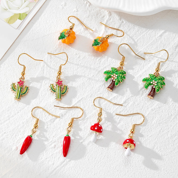 Enamel Plant Dangle Earrings Gold Hooks Mushroom Cactus 5 Styles