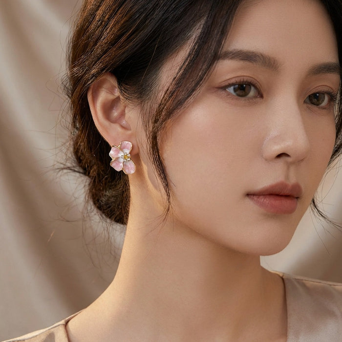 Pink Four Petal Flower Gold Tone Small Stud Earrings