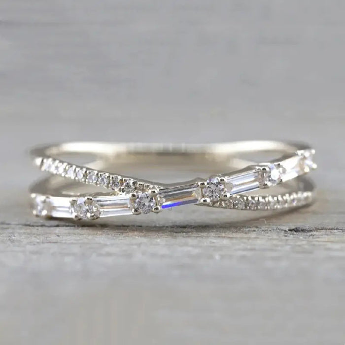 Crossed Baguette Pave Split Shank Finger Rings Three Colors