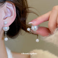 White Pearl Look Studs with Fine Silver Chain Drop Earrings view 2