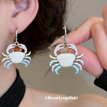Colorful Enamel Crab Hoop Earrings With Silver Tone Rings