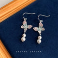 Silver Butterfly Pearl Drop Earrings Pink Mint Enamel view 4