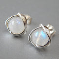 White Metal Wire Wrap Round Moonstone Look Stud Earrings view 1
