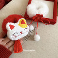 White Plush Maneki Cat Scrunchie Red Pom and Tassel view 2