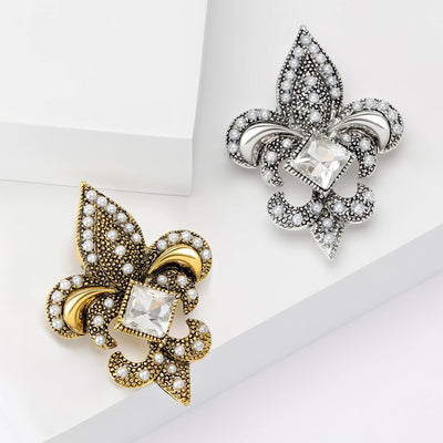 Crystal Fleur De Lis Brooch in Silver and Antique Gold grouped product view