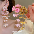 Colorful Fabric Rose Long Drop Stud Earrings Fashion Jewelry view 4