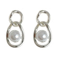 Silver Linked Oval Stud Earrings White Pearl Geometric view 5