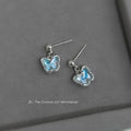 Silver Ball Stud Blue Iridescent Butterfly Drop Earrings view 3