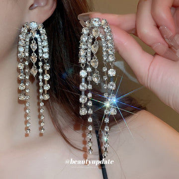 Silver Crystal Multi Chain Tassel Earrings Fashion Jewelry