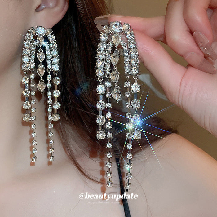Silver Crystal Multi Chain Tassel Earrings Fashion Jewelry