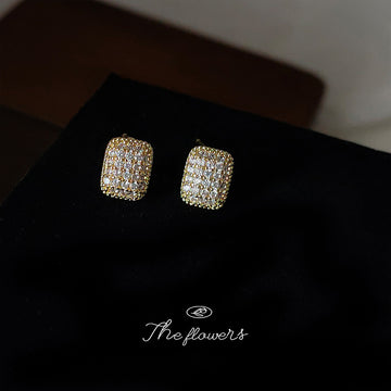 Gold Rectangular Pave Crystal Stud Earrings Rounded Square