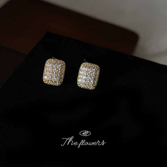 Gold Rectangular Pave Crystal Stud Earrings Rounded Square