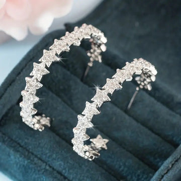 Silver Tone Star Stone Large Hoop Earrings with Clear Stone Accents