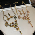 Rhinestone Flower Cluster Necklace Drop Earrings Gold Tone view 1