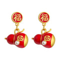 Gold Fu Stud Red Enamel Gourd Pearl Drop Earrings Pair view 5