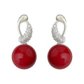 Red Glossy Pearl Drop Earrings Silver Twisted CZ Posts view 5