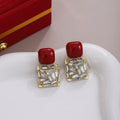 Red Square Clear Baguette Mosaic Statement Dangle Earrings view 4
