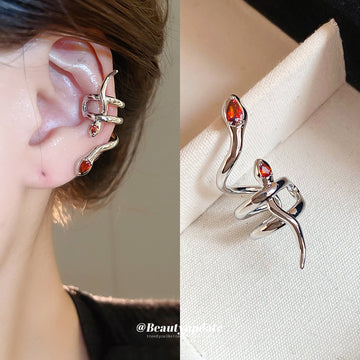 Silver Tone Red Eye Snake Ear Cuff With Decorative Metal Accents