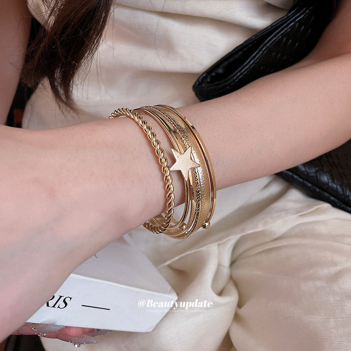 Silver Gold Six Piece Star Open Cuff Bangle Stack Sets