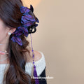 Purple Embroidered Multi Butterfly Claw Clip Tassel Drop view 3