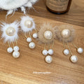 Fuzzy Pom Pom and Pearl Drop Earrings in Beige and White view 2