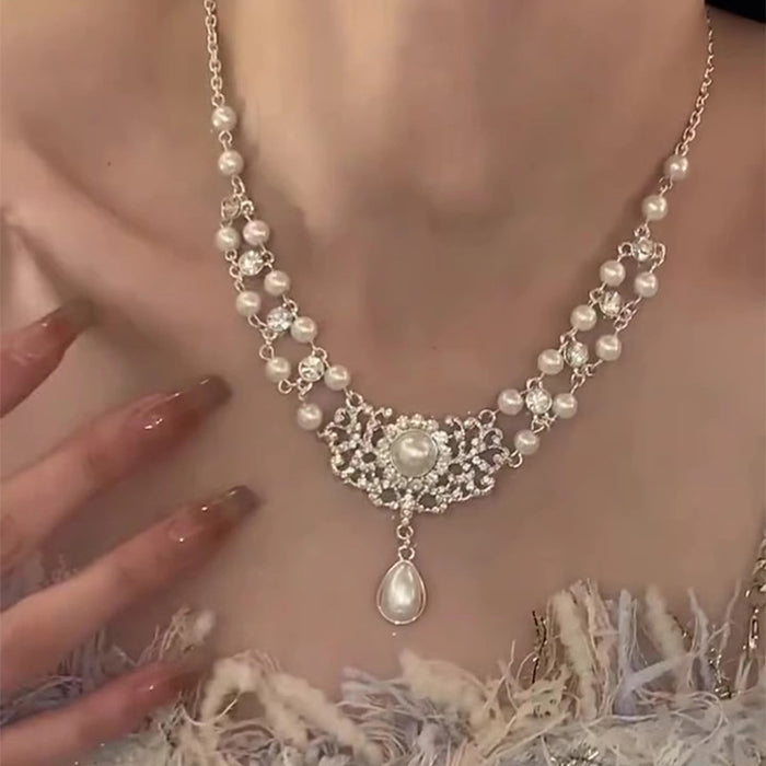Silver Baroque Pearl Crystal Filigree Drop Necklace