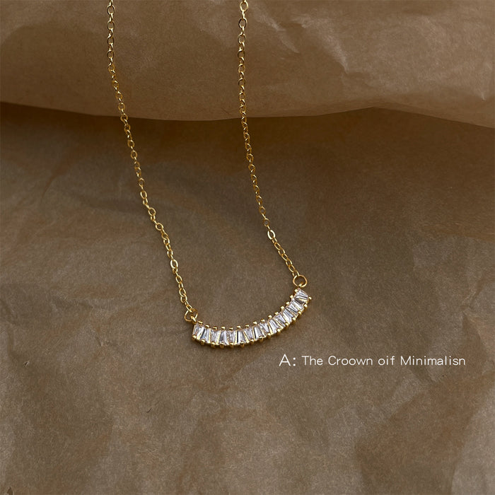 Gold Tone Curved Row Clear Baguette Stone Pendant Chain Necklace
