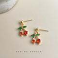 Gold Cherry Drop Stud Earrings Orange Crystal Green Leaf view 4