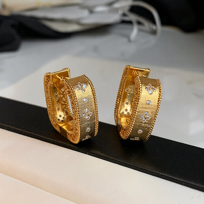 Square Gold Tone Crystal Hoop Earrings With Polished Metal Tone Details