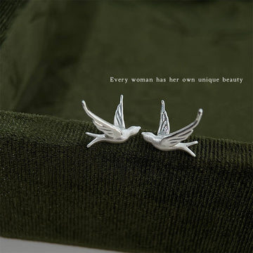 Silver Flying Swallow Bird Stud Earrings Matte Metal Pair