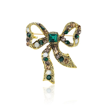 Antique Gold Bow Brooch Square Rhinestone Three Styles