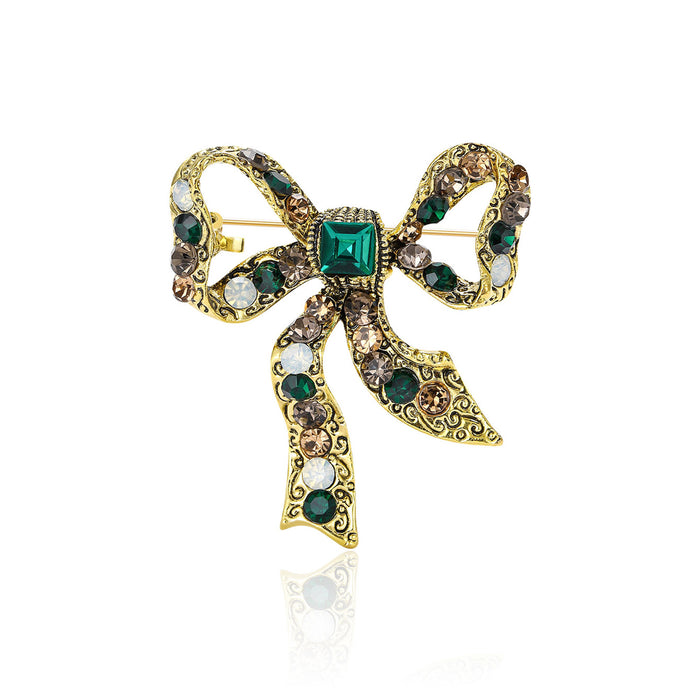 Antique Gold Bow Brooch Square Rhinestone Three Styles