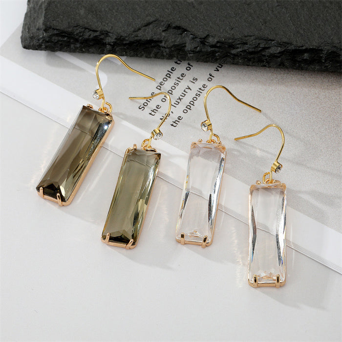 Gold Tone Long Rectangular Faceted Crystal Hook Earrings