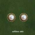Gold Antique Frame White Pearl Button Stud Earrings view 1