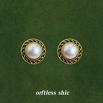 Gold Antique Frame White Pearl Button Stud Earrings