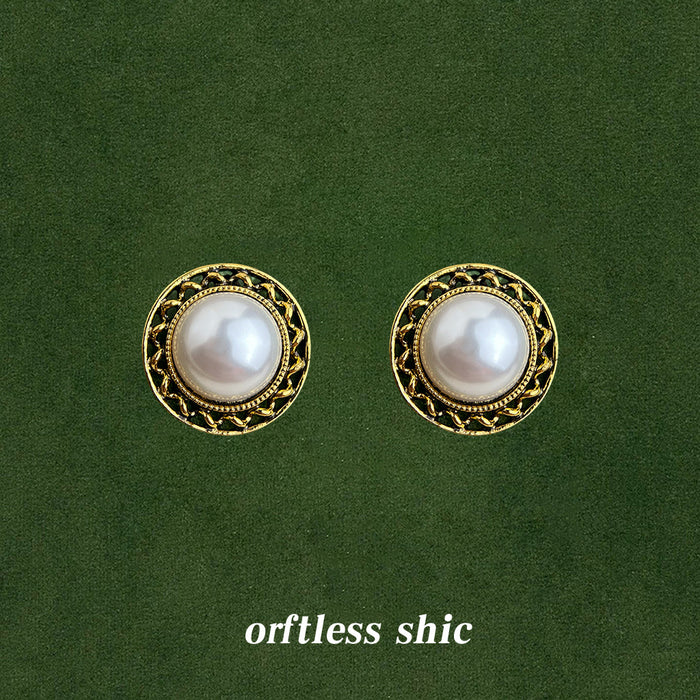 Gold Antique Frame White Pearl Button Stud Earrings