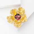 Textured Gold Tone Five Petal Flower Brooch With Red Crystal view 3