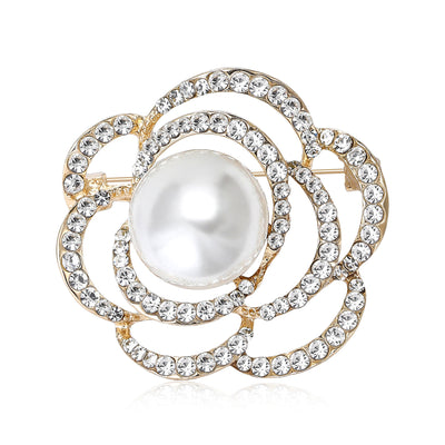 Openwork Camellia Brooch with Pearl Center displayed from the front