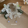 White Lace Floral Earrings With Green Leaves and Bead Drops view 4